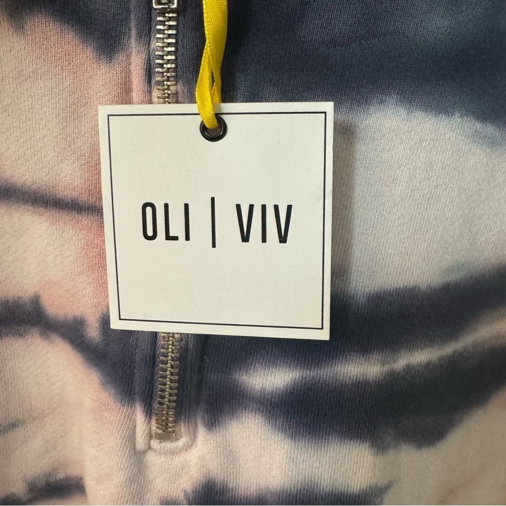 NWT OLI VIV Corey Tie Dye Quarter Zip Crop Hoodie Mauve Navy Cotton Loungewear L - Picture 3 of 16